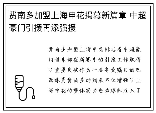费南多加盟上海申花揭幕新篇章 中超豪门引援再添强援