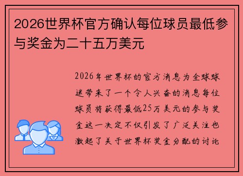 2026世界杯官方确认每位球员最低参与奖金为二十五万美元